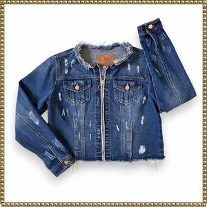 The One 5 One Denim Jacket Zip Front Medium Blue Distressed